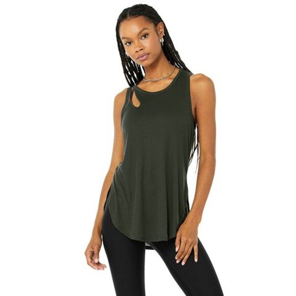 Alo Yoga Ribbed Peak Tank Dark Cactus - S - Picture 1 of 2